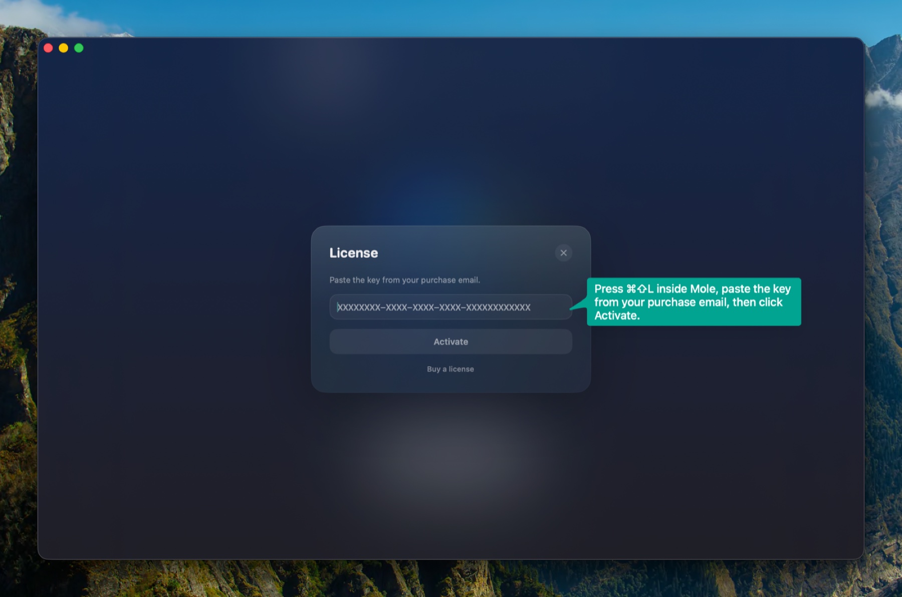 License activation panel inside Mole